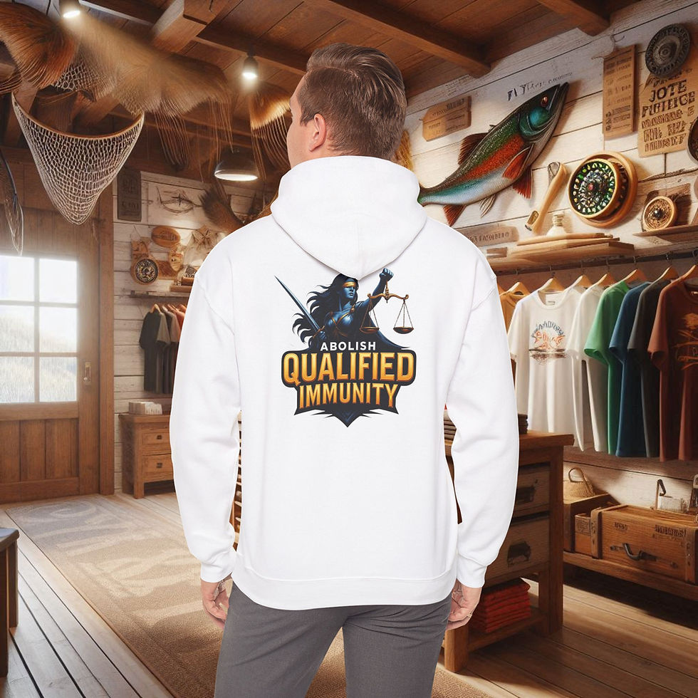 Thumbnail: White hoodie with 'Abolish Qualified Immunity' graphic, worn by a man in a fishing store.
