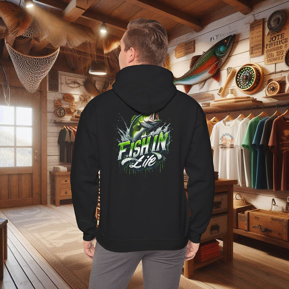 Thumbnail: Black bass fishing hoodie with jumping fish and 'FISHIN LIFE' graphic