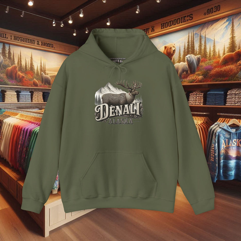 Olive green hoodie with Denali Alaska elk and mountain graphic