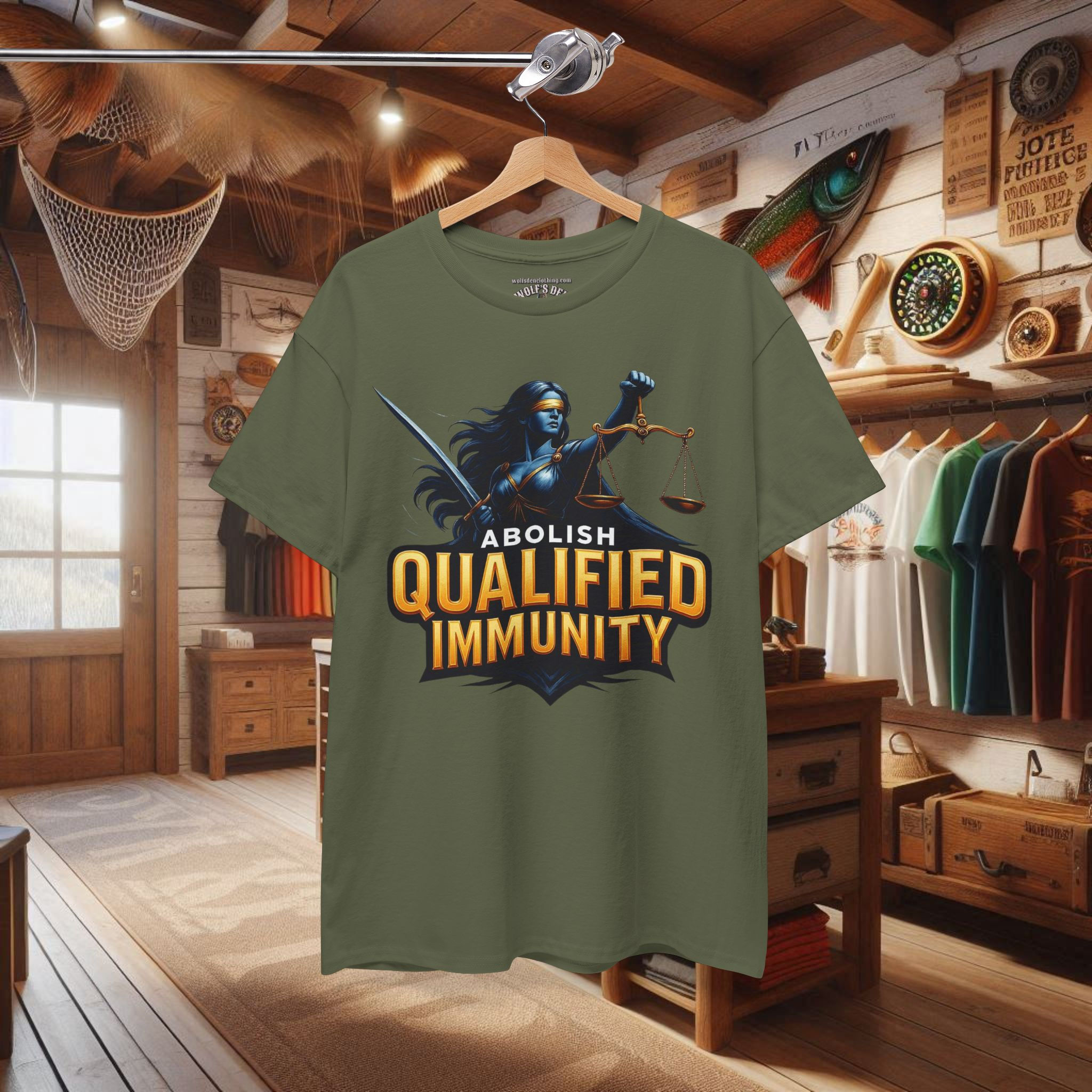 Olive green Lady Justice 'Abolish Qualified Immunity' graphic shirt