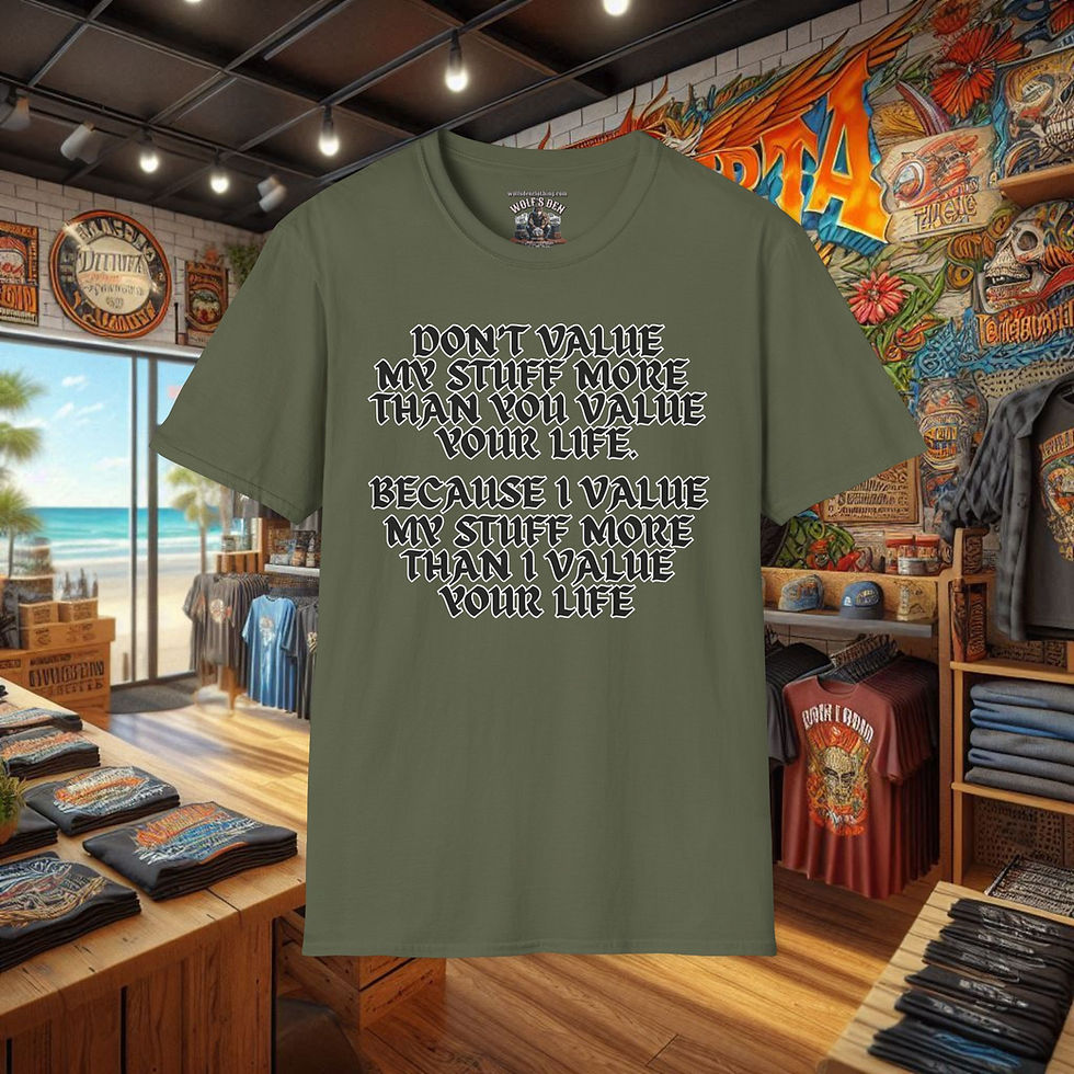 Thumbnail: Zero Tolerance t-shirt with 'Don't value my stuff more than your life.'