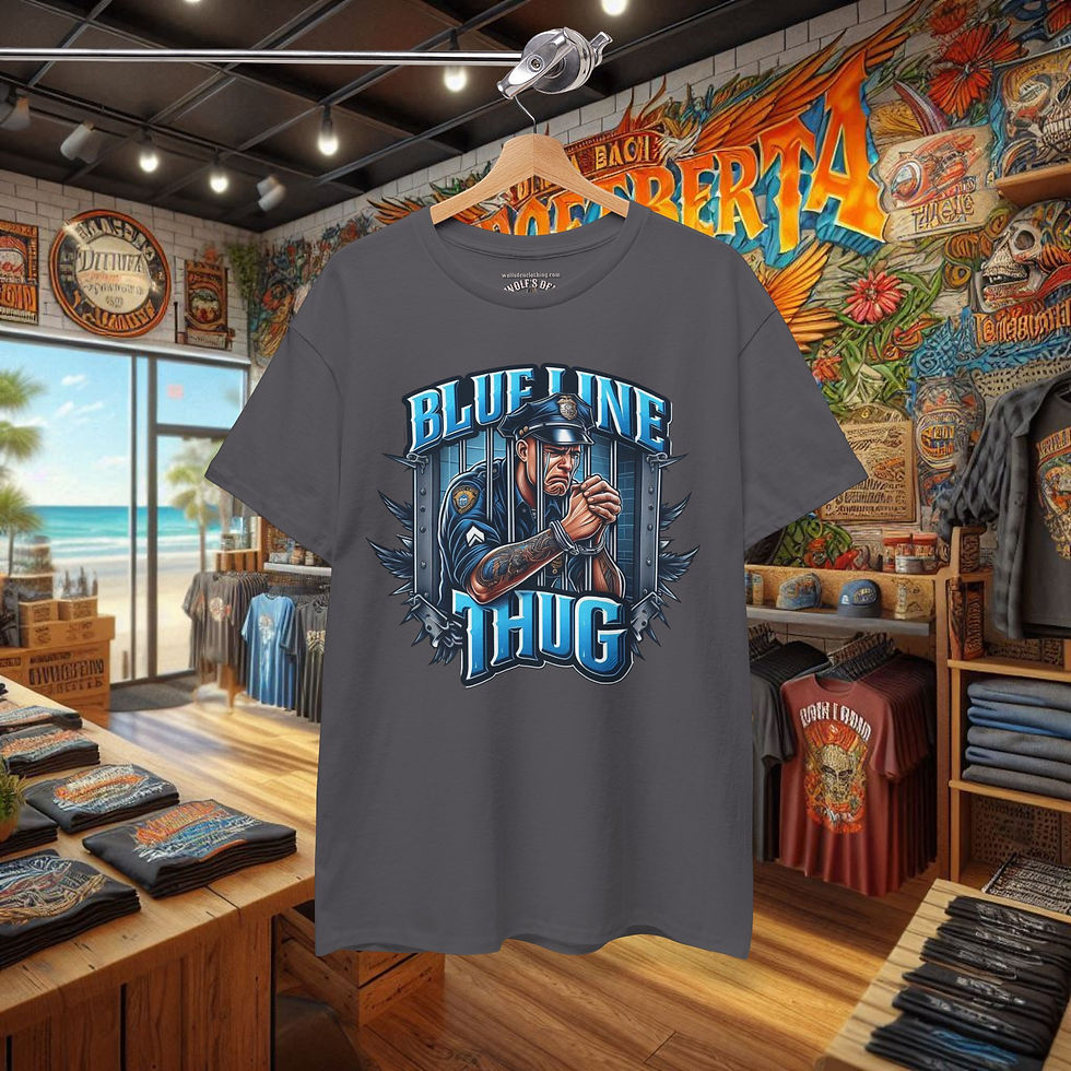 Funny police accountability t-shirt with 'BLUE LINE THUG' design