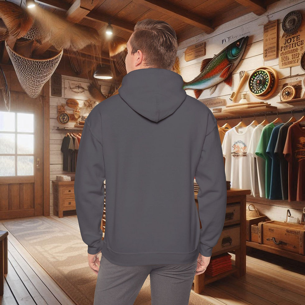 Thumbnail: Back of gray hoodie worn by man in fishing store