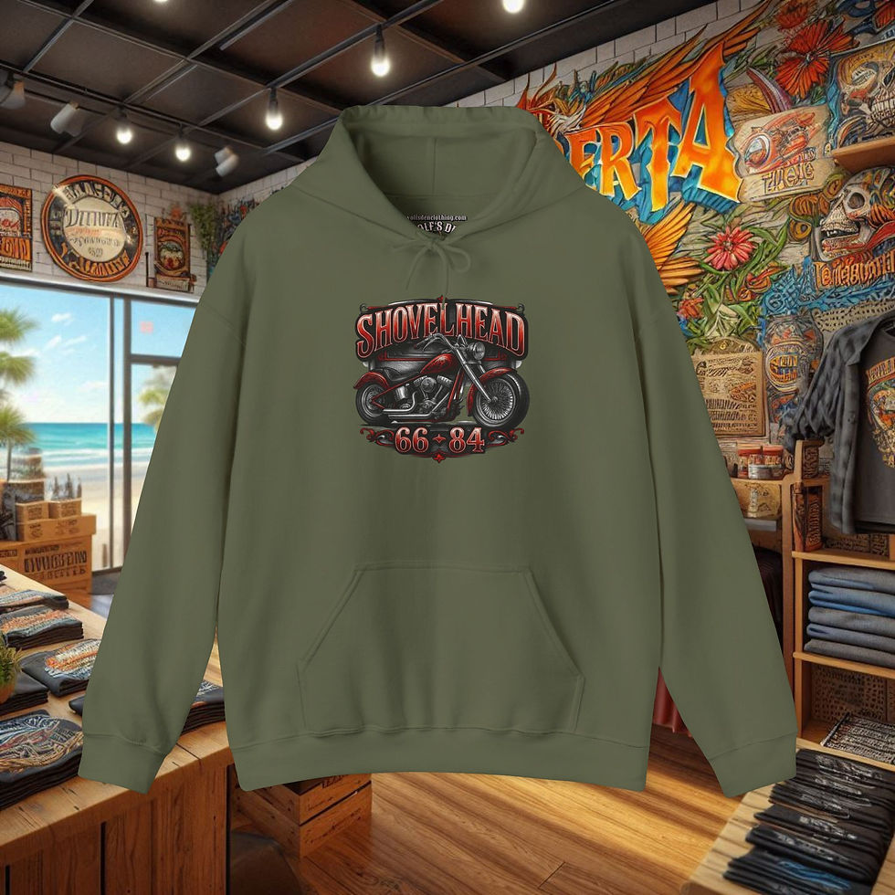 Olive green hoodie, "SHOVEL HEAD 66-84" Harley-Davidson motorcycle graphic t-shirt, biker hoodie, bike week, biketoberfest, sturgis, biker, harley, davidson, motorcycle rally.