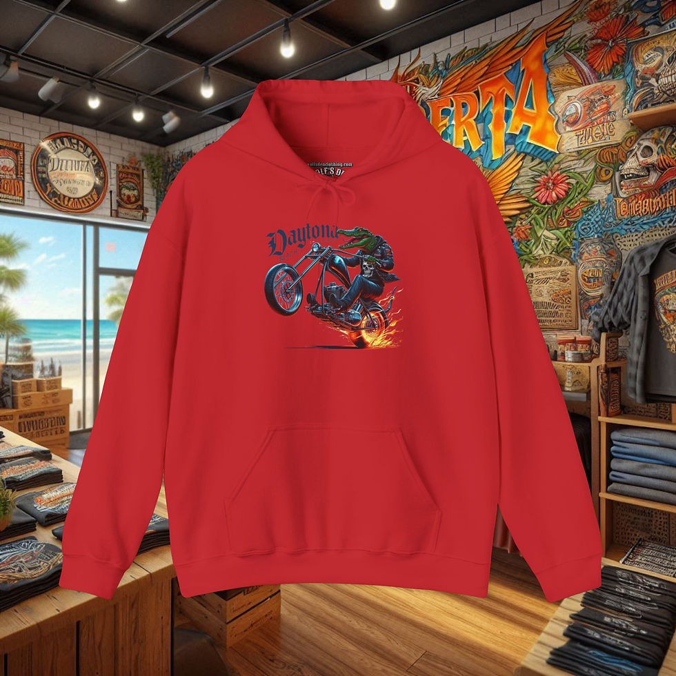 Thumbnail: Red Men's Biker Hoodie with Daytona Biketoberfest gator riding a wheelie, pullover. Wolf's Den Clothing
