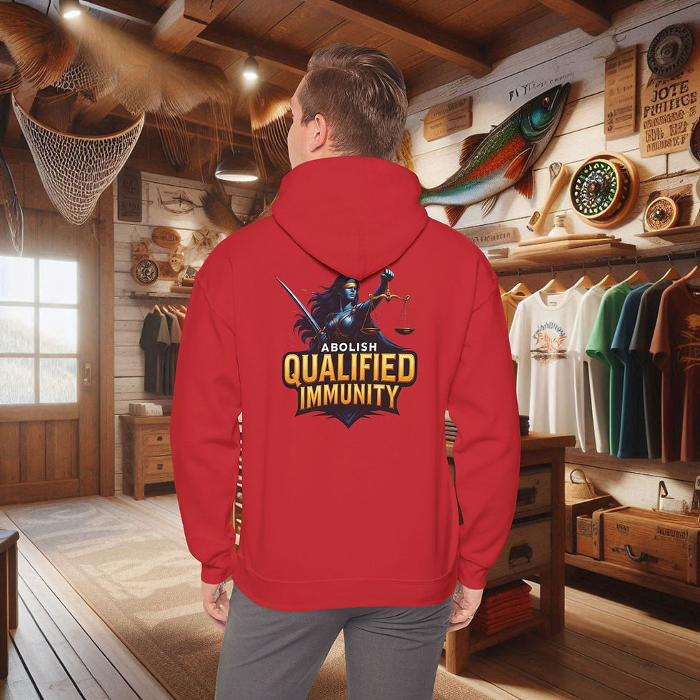Thumbnail: Red hoodie with 'ABOLISH QUALIFIED IMMUNITY' graphic
