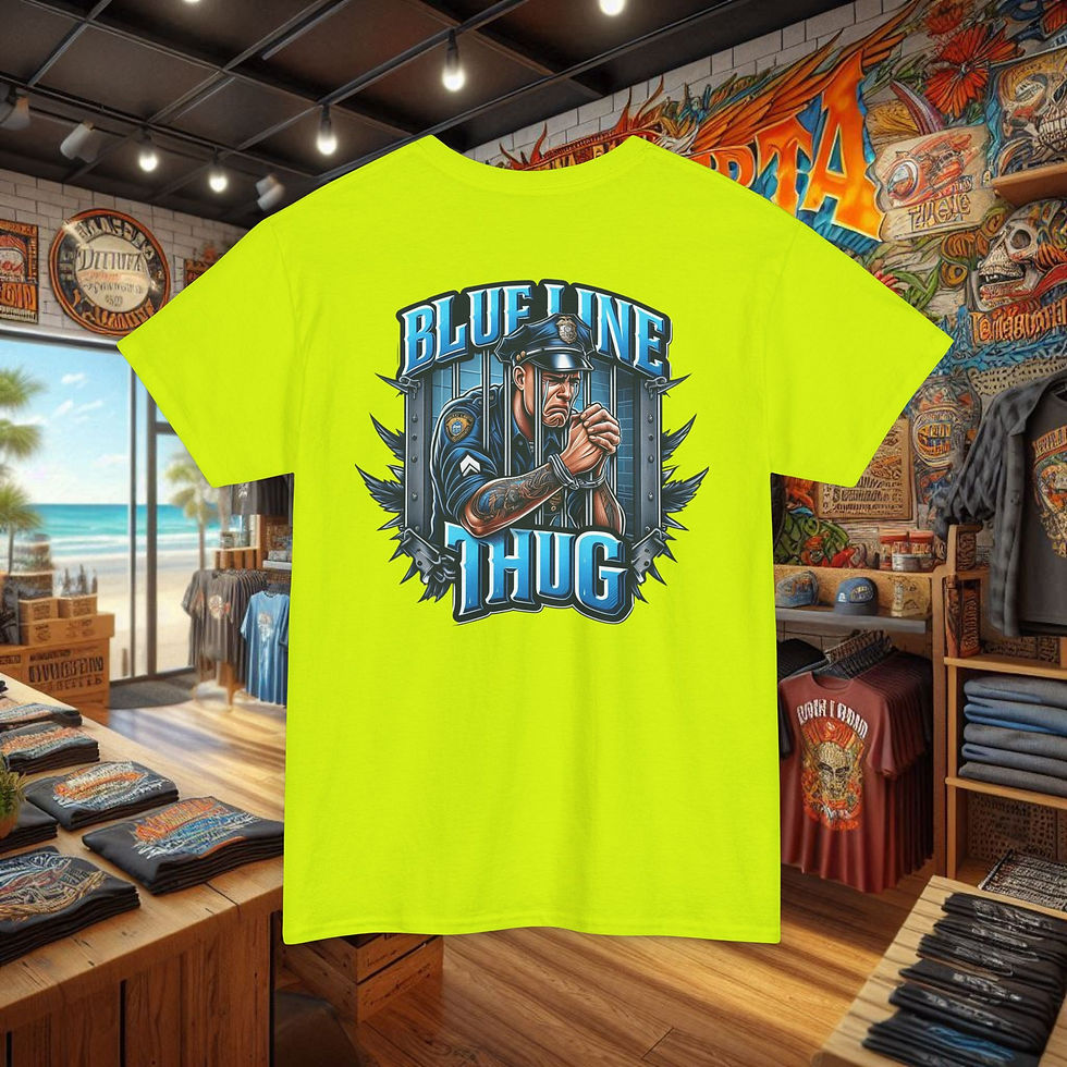 Thumbnail: Yellow police accountability shirt, 'BLUE LINE THUG' design.
