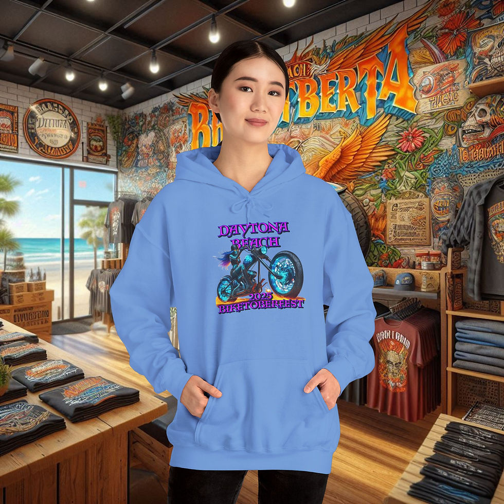 Thumbnail: Woman in a Women’s Biker comfort Hoodie with 'LIVE TO RIDE' outlaw motorcycle graphic