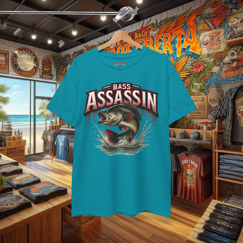Thumbnail: Blue Bass Assassin shirt with jumping bass fish design