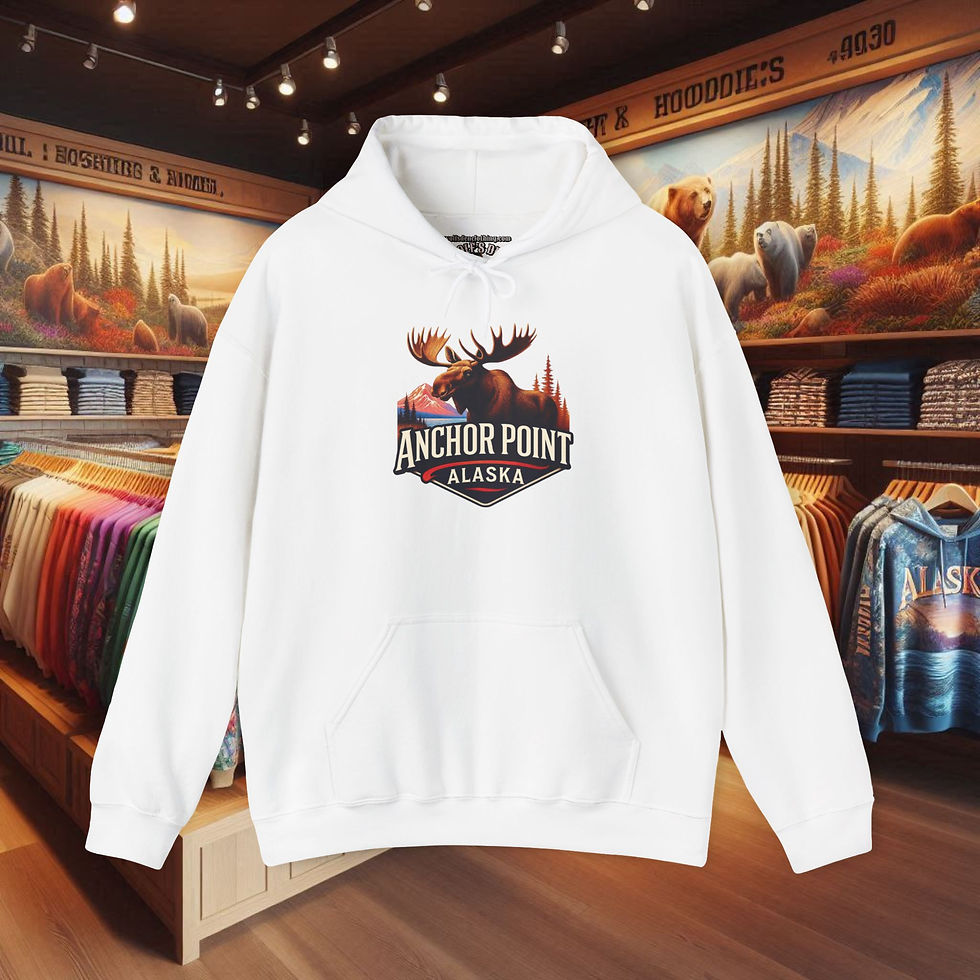 Thumbnail: White hoodie with a moose and Anchor Point Alaska graphic