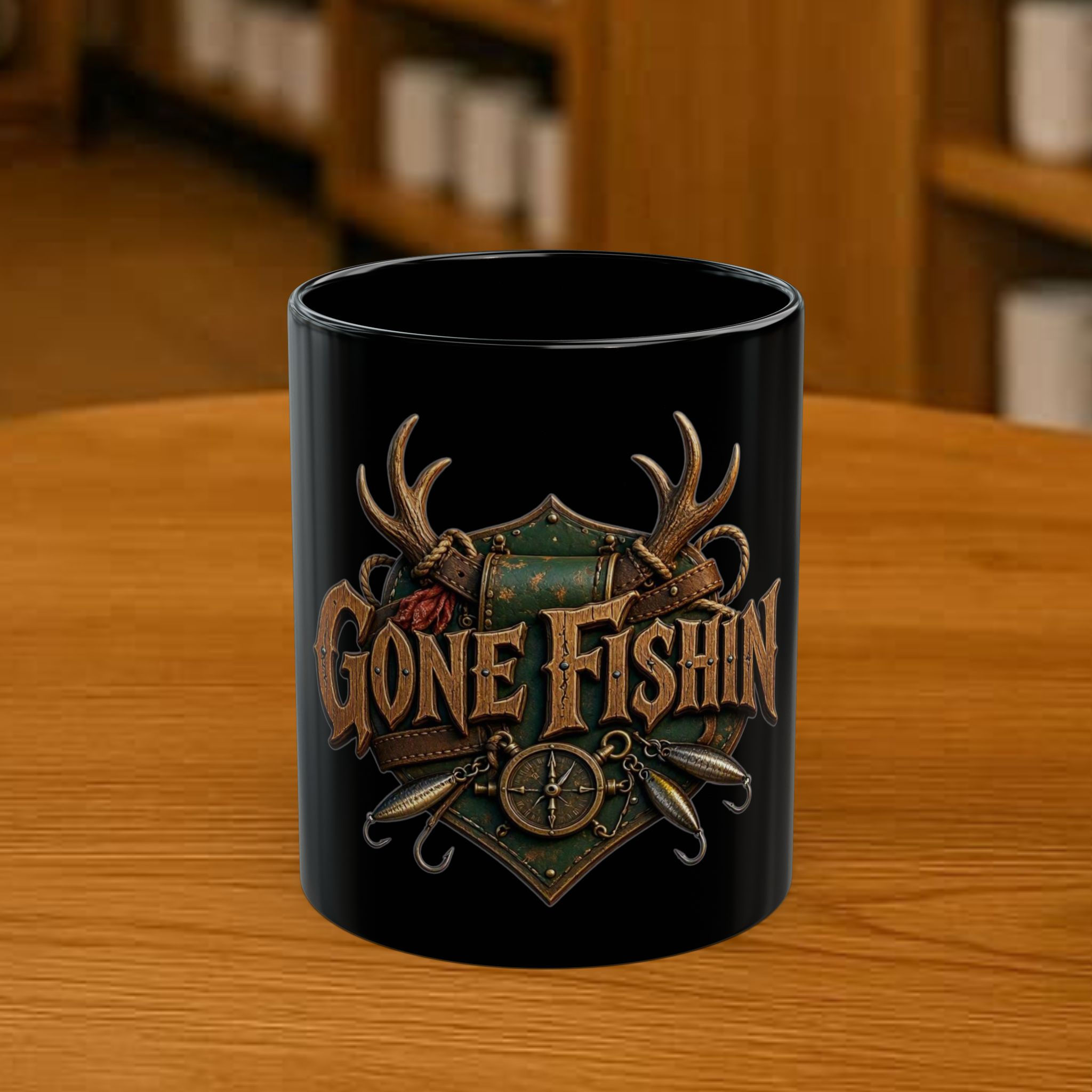 Gone Fishin' Black Mug — Rustic Fishing Coffee Cup (11oz/15oz)