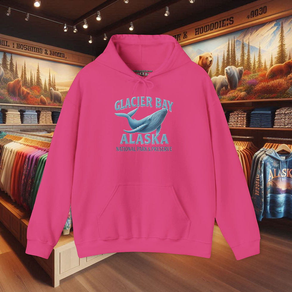 Thumbnail: Pink hoodie with Glacier Bay Alaska whale graphic