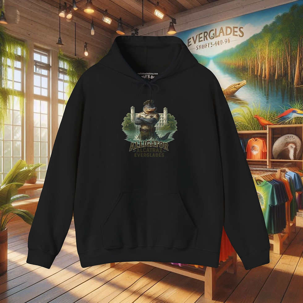Black hoodie with Everglades design. Alligator Alcatraz Guard Everglades Hoodie for Men, pullover, hooded, sweatshirt. Wolf's Den Clothing.