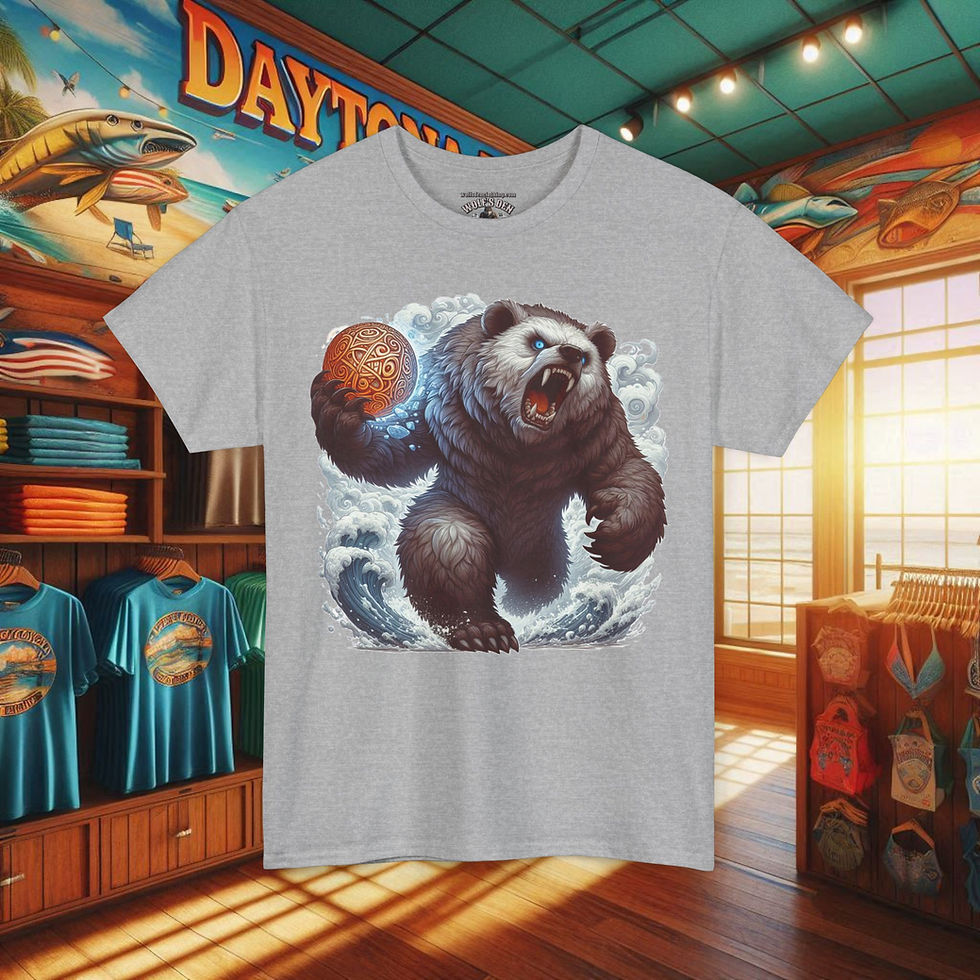Gray t-shirt of a bear with a ball in front of Dayton, Florida store Wolf's Den Clothing