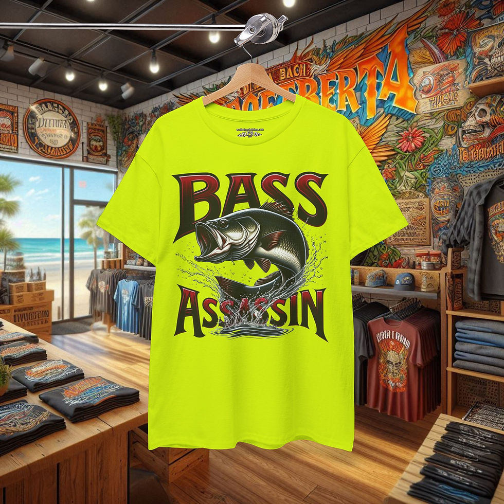 Thumbnail: Bright green Bass Assassin t-shirt with jumping bass fish