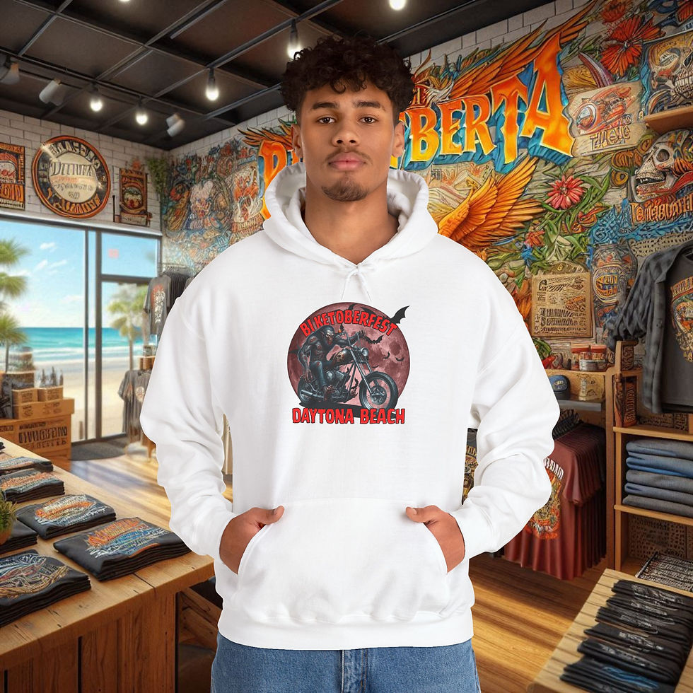 Thumbnail: White men's biker hoodie with Daytona Choppers outlaw graphic