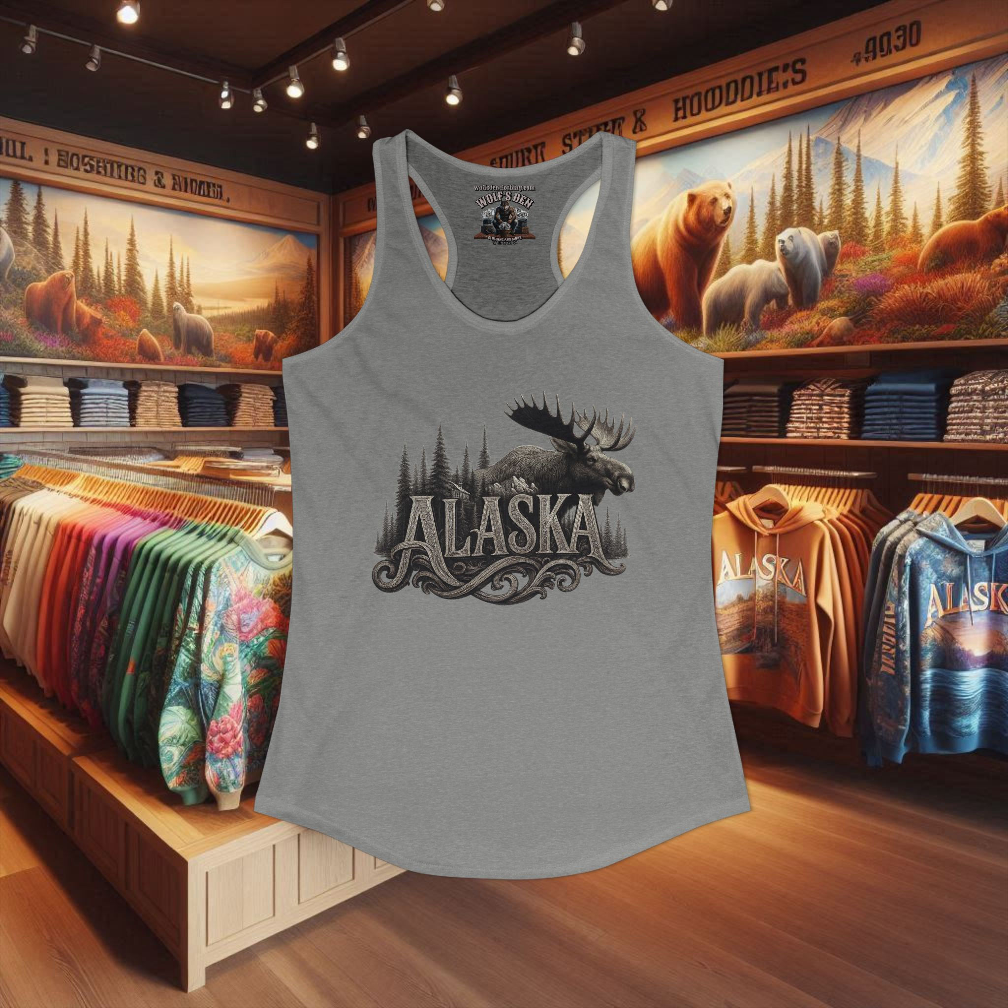 Women's gray racerback tank with Alaska moose design