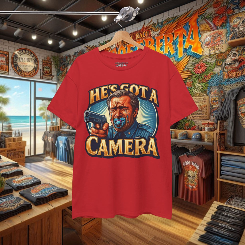 Thumbnail: Red 'He's Got a Camera' police accountability t-shirt