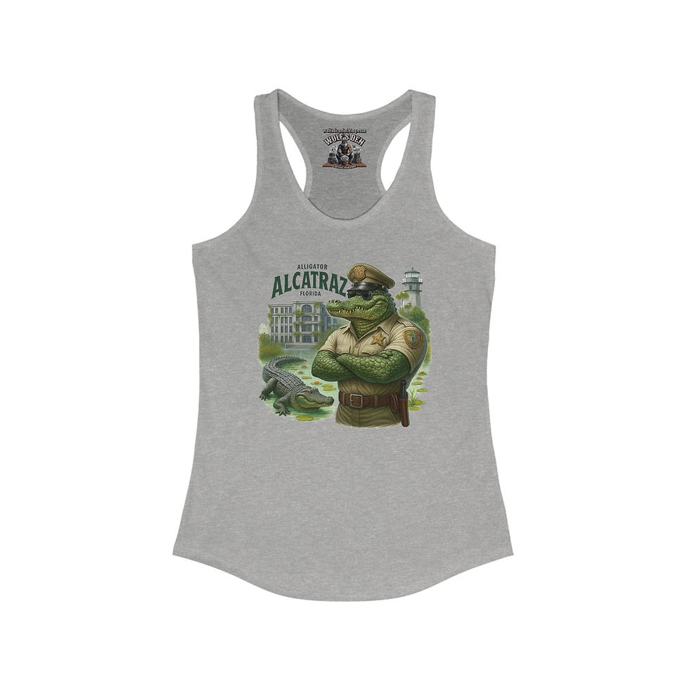 Grey Racerback Tank tops with Alligator Alcatraz design, Wolf's Den Clothing