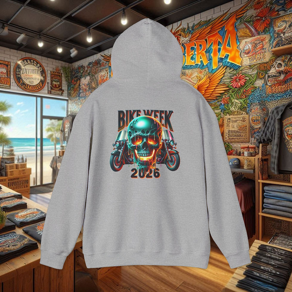 Thumbnail: Daytona Beach Bike Week 2026 Skull Hoodie, glowing outlaw graphics