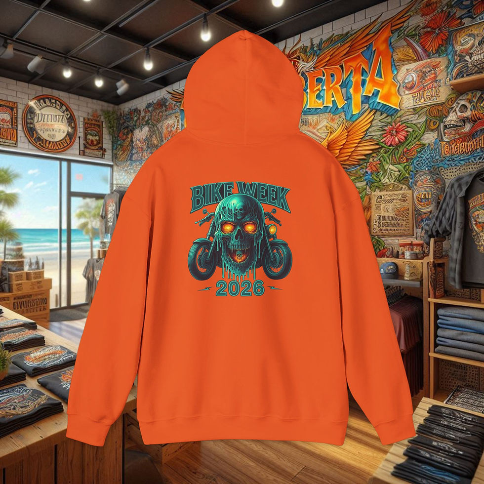 Thumbnail: Orange Daytona Bike Week 2026 skull outlaw graphic hoodie