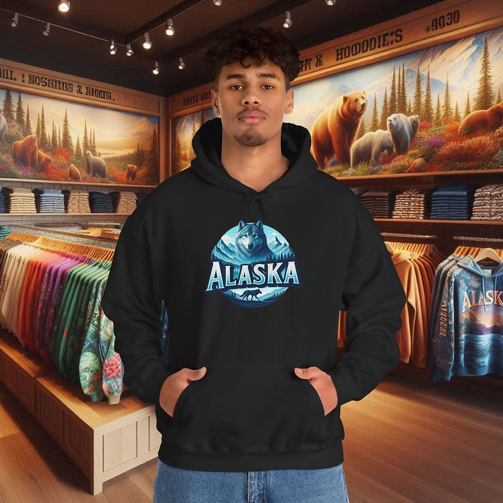 Thumbnail: Man wearing black Alaska hoodie with bear and mountain design