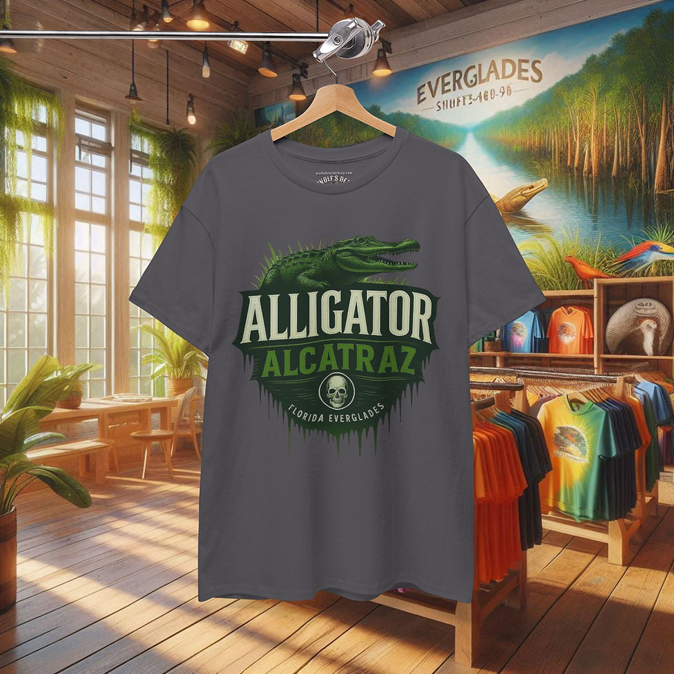 Gray Alligator Alcatraz T-shirt for Men with skull logo in a store. Alligator shirts, Alcatraz tees.