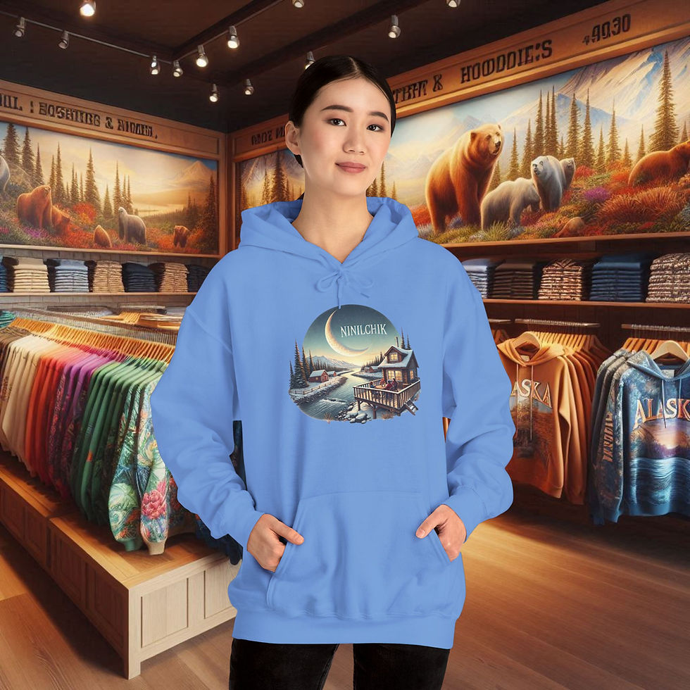 Thumbnail: Woman in blue Alaska Comfort Hoodie with log cabin design