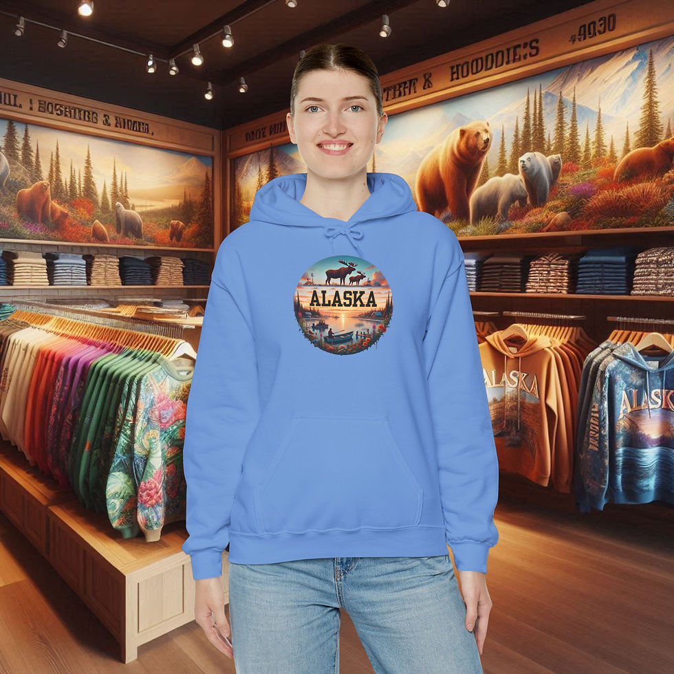 Thumbnail: Smiling woman in blue 'Sunset Over Alaska' hoodie
