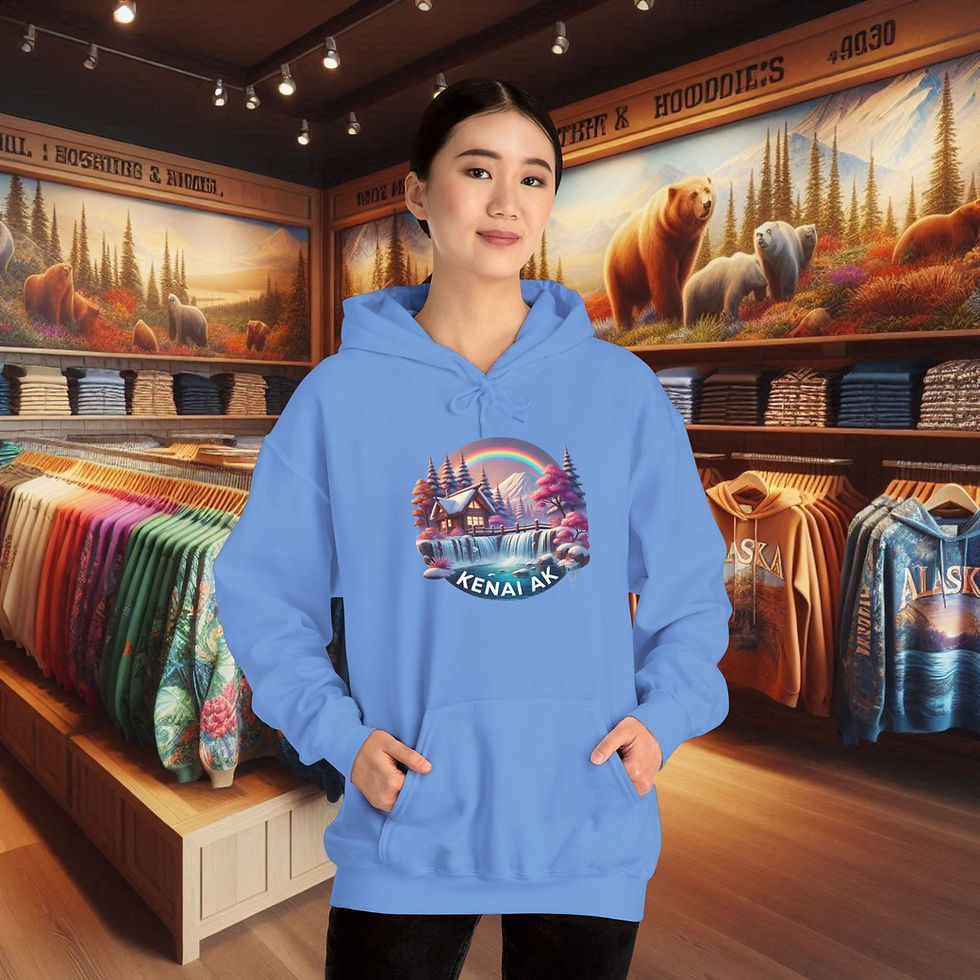 Thumbnail: Woman wearing blue hoodie with "KENAI" graphic, Cabin Life in Kenai Alaska. Comfort Hoodie.