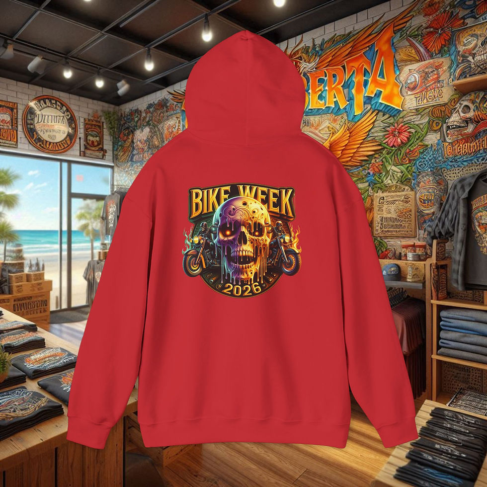 Thumbnail: Red Daytona Beach Bike Week 2026 skull hoodie with outlaw graphics