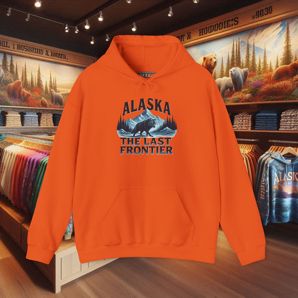 Thumbnail: Orange hoodie with Alaska The Last Frontier wolf design