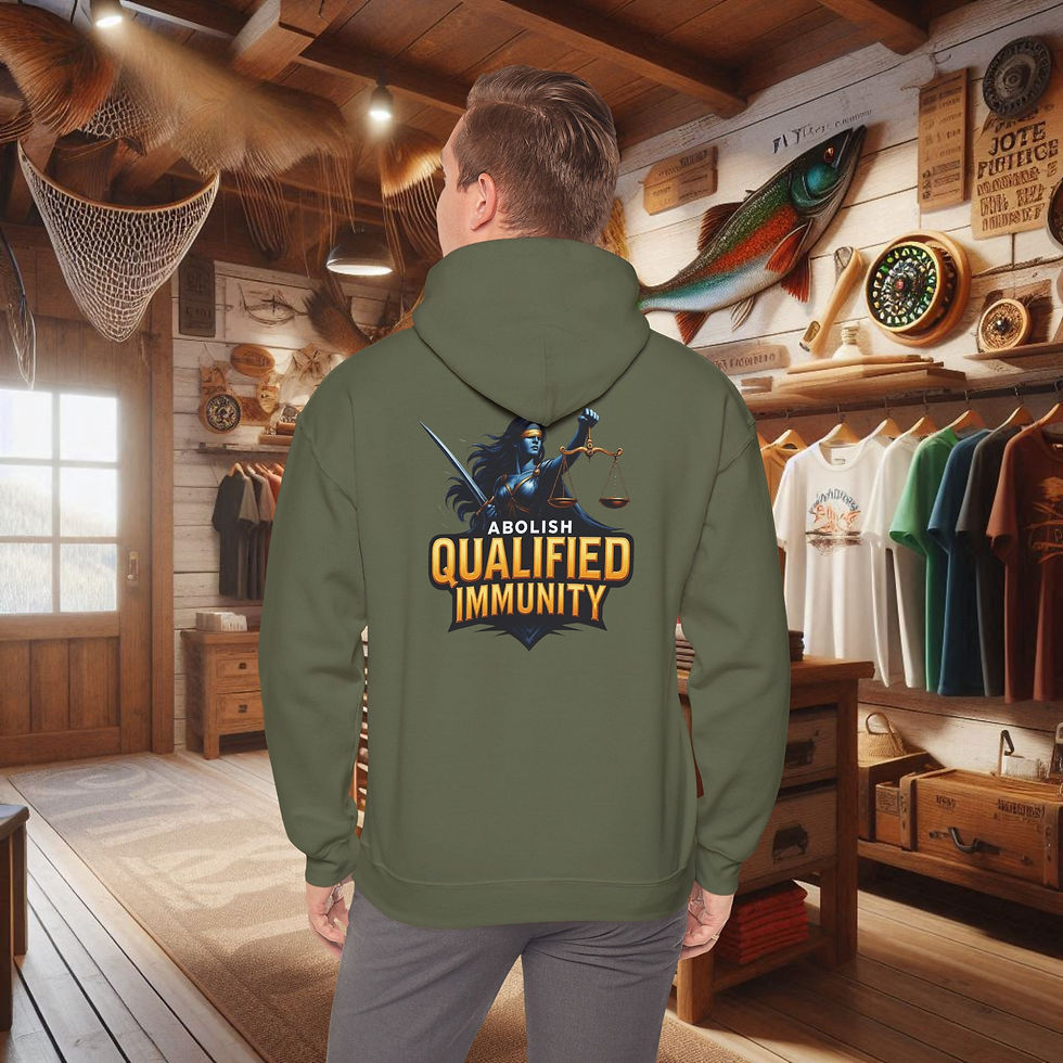 Thumbnail: Olive green hoodie with 'Abolish Qualified Immunity' graphic