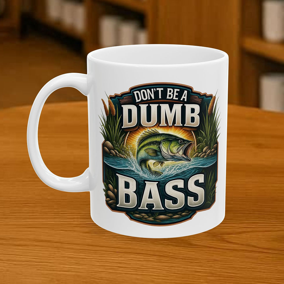 White mug with 'DON'T BE A DUMB BASS' text and a jumping bass fish