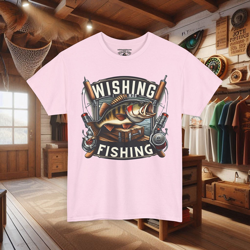 Thumbnail: Pink 'Wishing Fishing' T-Shirt in a store. Dreaming of the Water with 'Wishing I was Fishing' T-Shirts | Angler Apparel