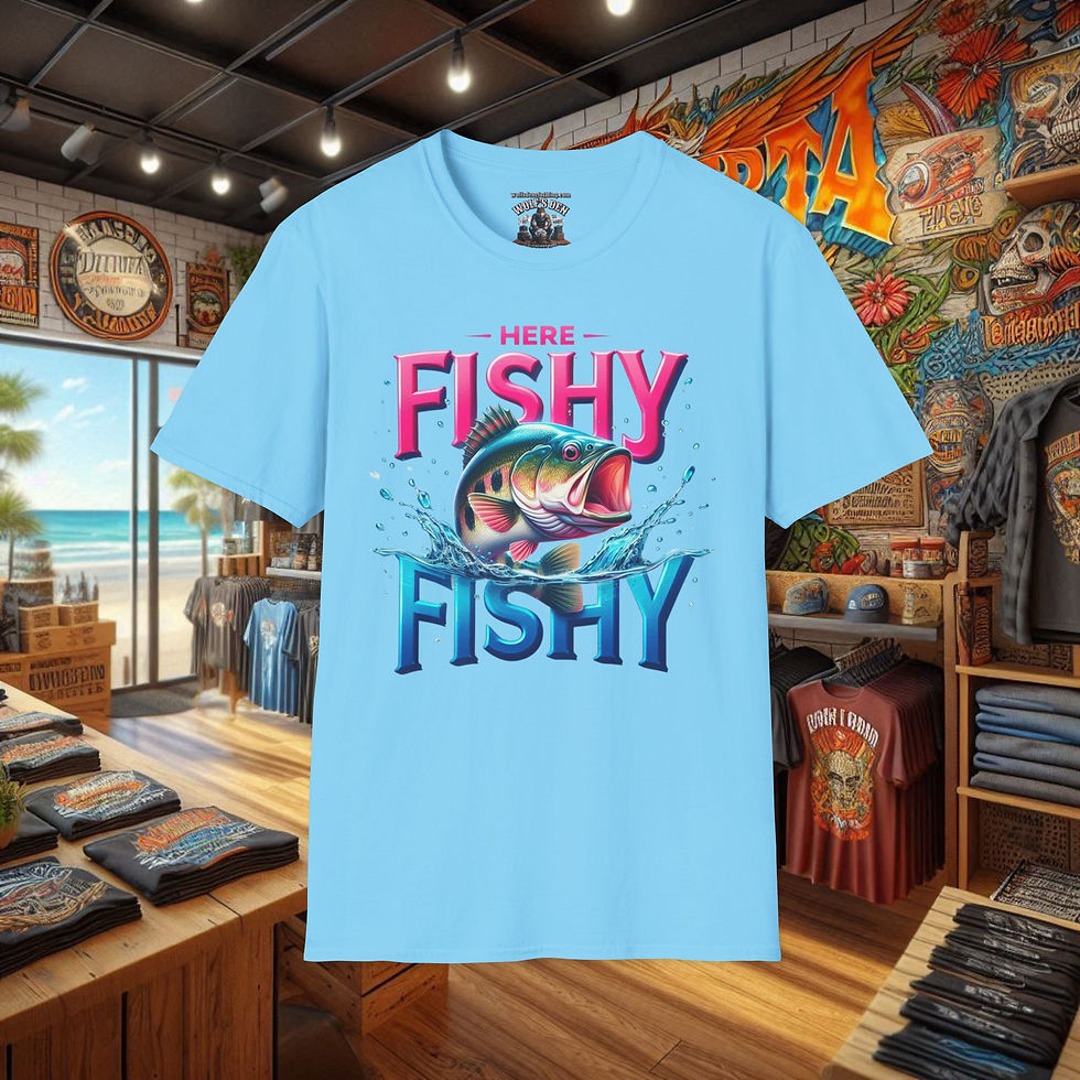 Thumbnail: Women's Bass fishing graphic tee, 'HERE FISHY FISHY' design