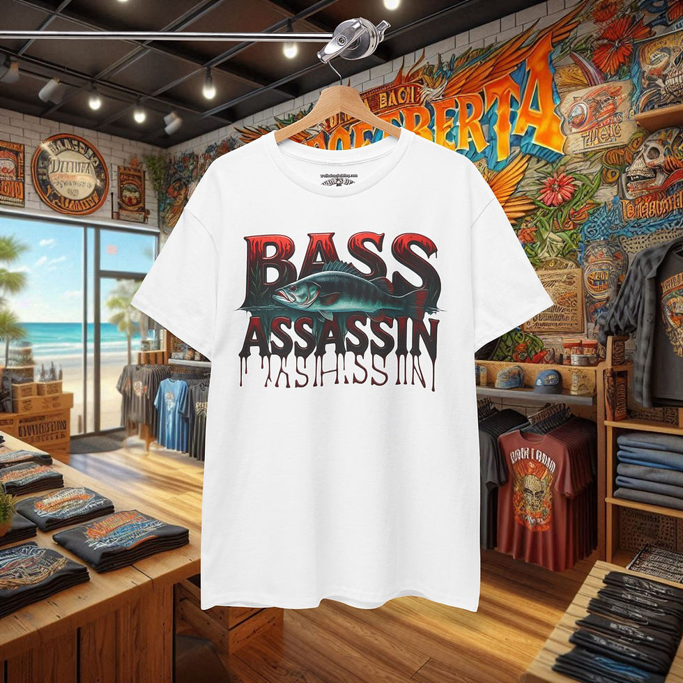 Thumbnail: White Bass Assassin shirt with fish graphic