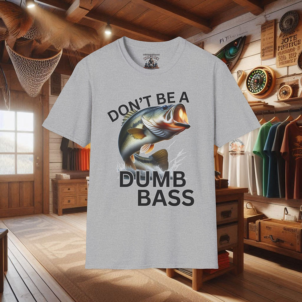 Gray t-shirt with "DON'T BE A DUMB BASS" slogan. Funny 'Don't Be a Dumb Bass' T-Shirts | Humorous Designs for Anglers.