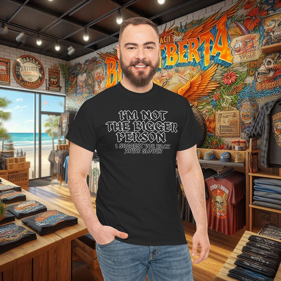 Man wearing I'm Not the Bigger Person T-Shirt – Funny Sarcastic Quote. Men's funny T-shirt inside Wolf's Den Clothing.