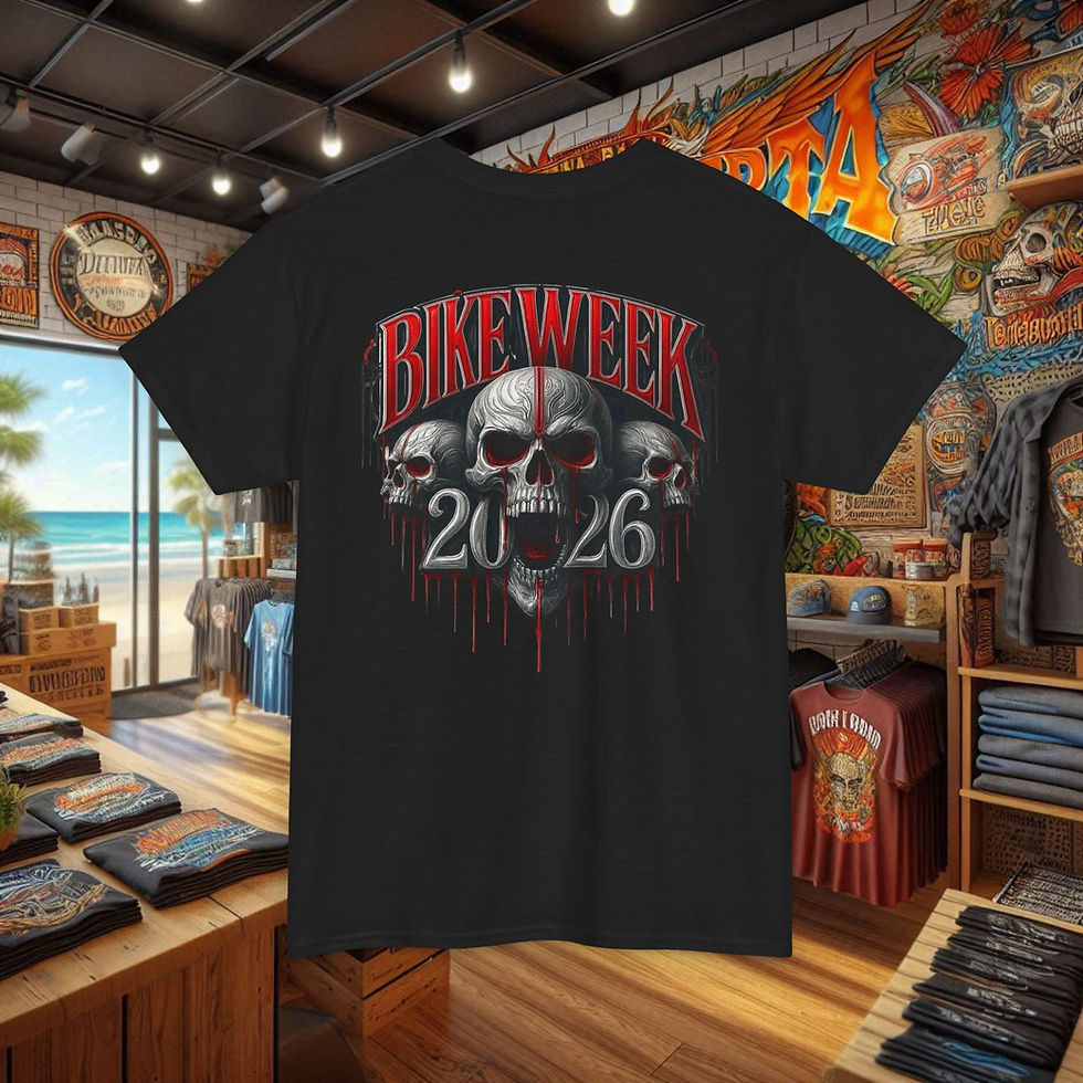 Thumbnail: Men's Bike Week 2026 black biker t-shirt with skull graphics.