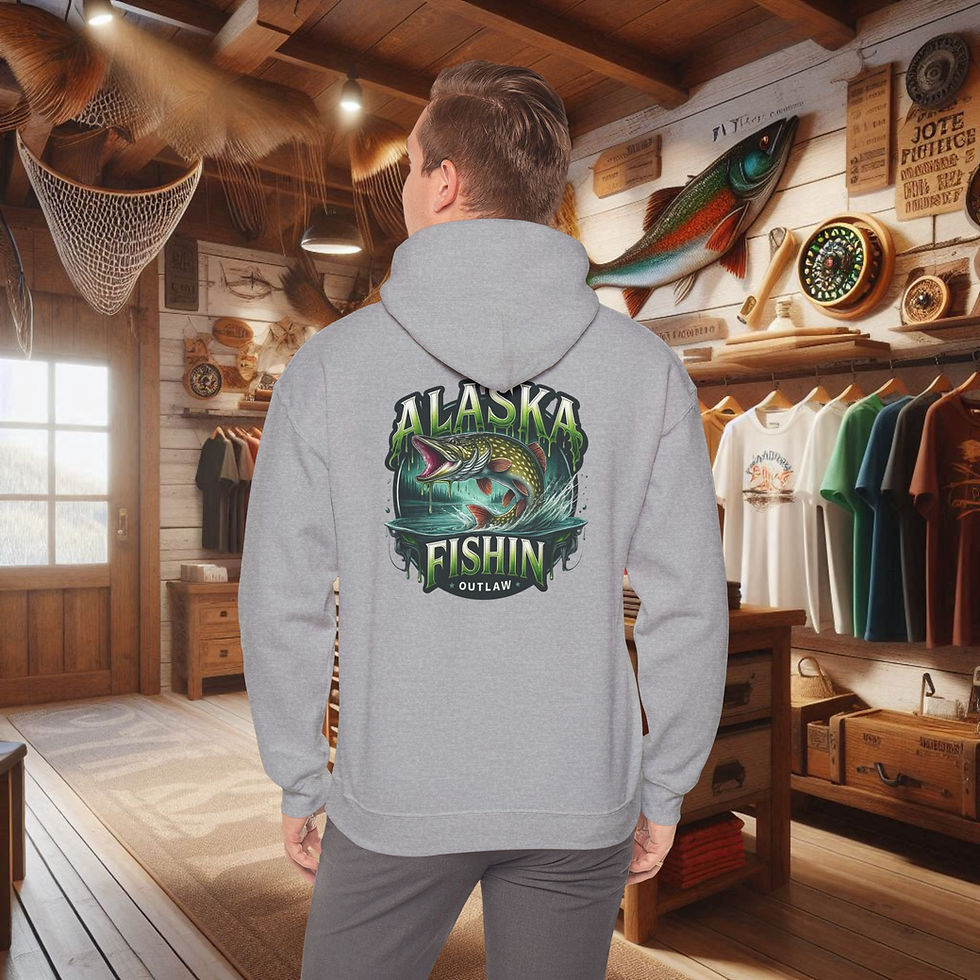 Thumbnail: Alaska Fishin Outlaw hoodie with Northern Pike graphic