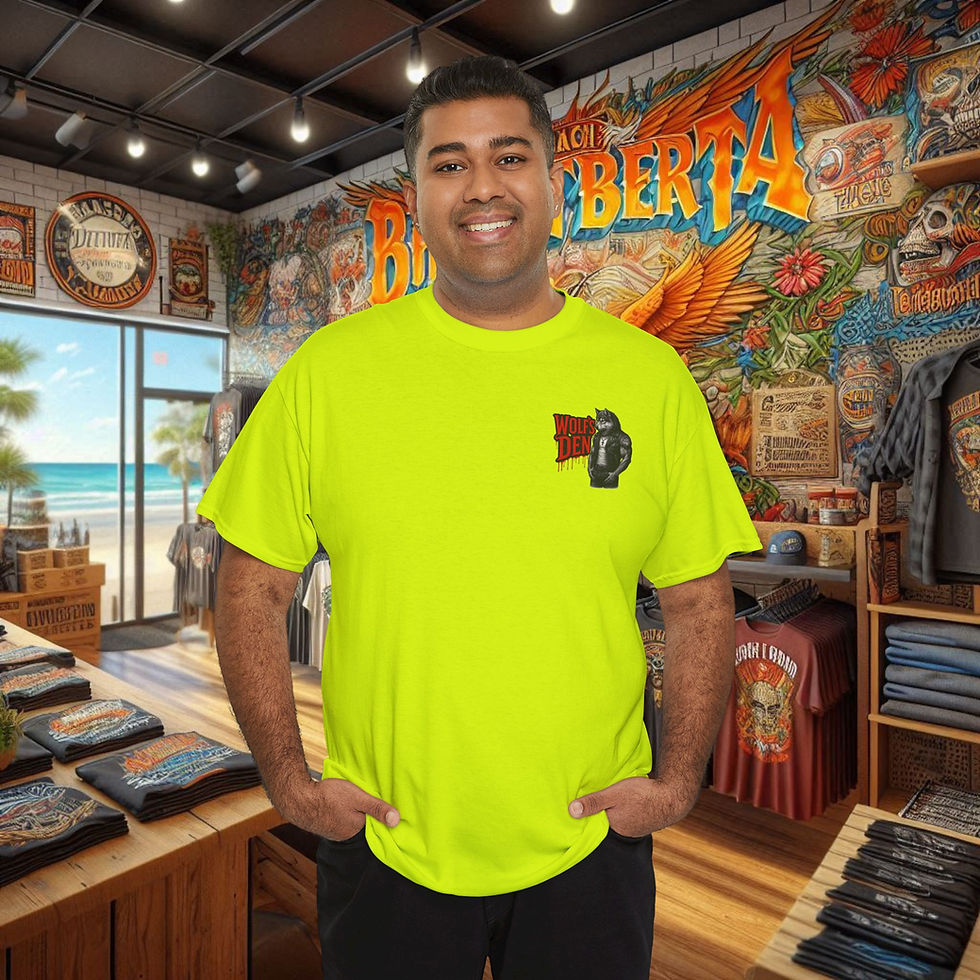 Thumbnail: Man in neon green graphic biker tee