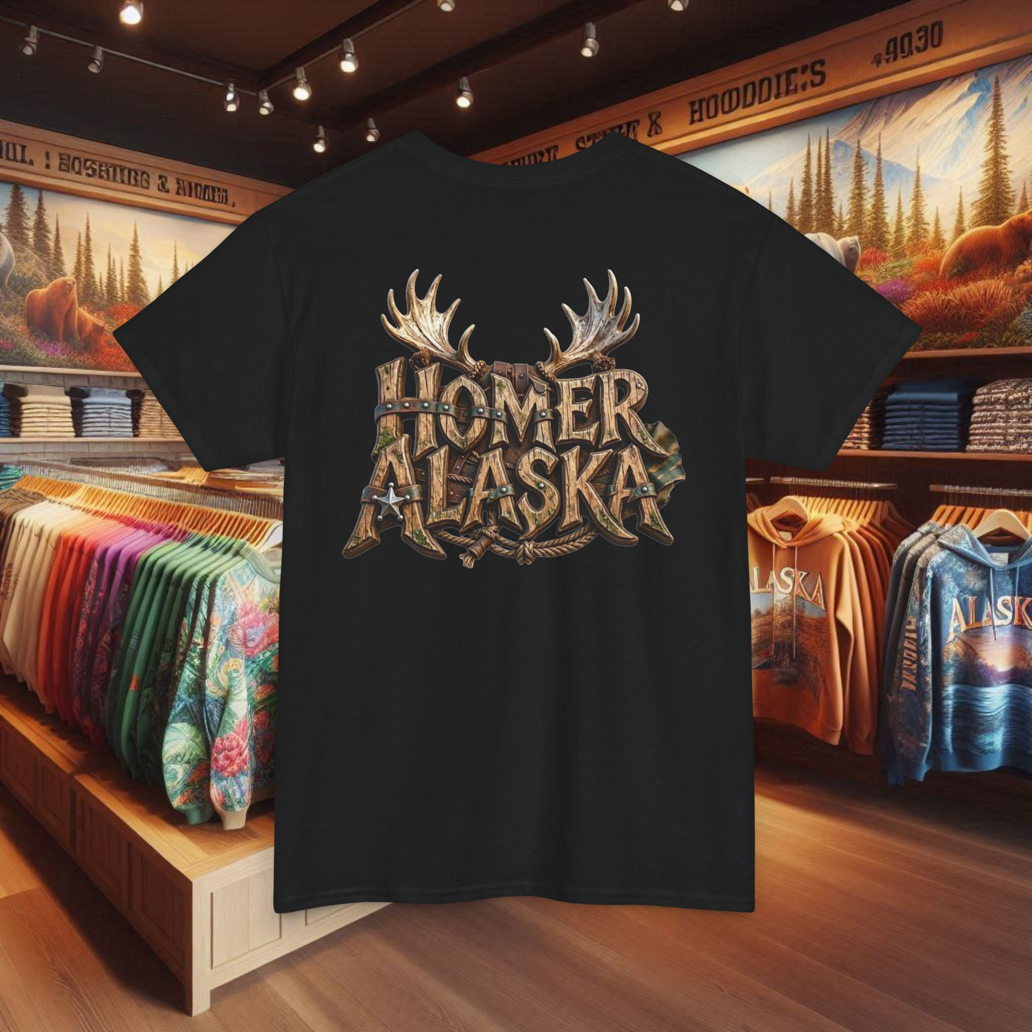 Homer Alaska Moose Antler Graphic T-Shirt — Camo Outdoor Souvenir Tee