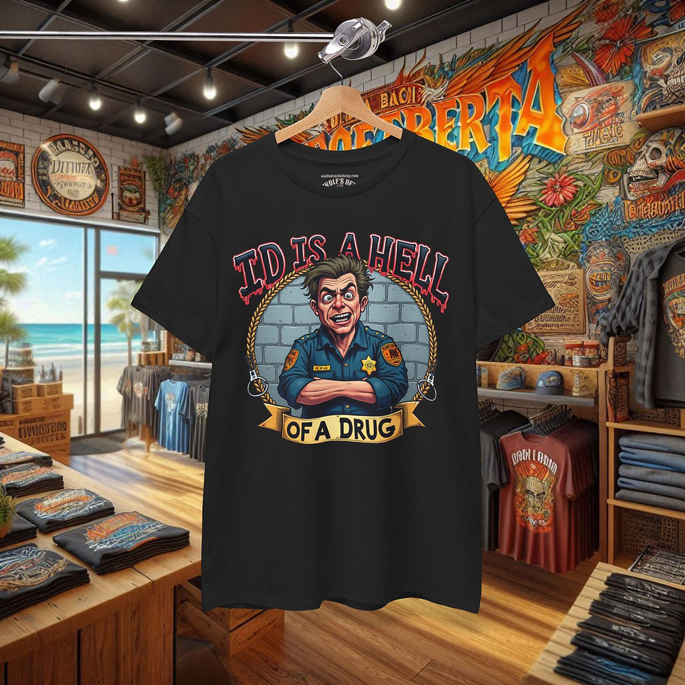 Thumbnail: "ID is a hell of a drug" funny police accountability shirt.
