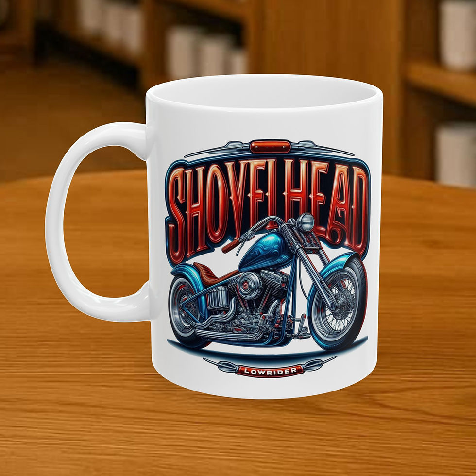White mug with blue Shovelhead motorcycle and 'SHOVELHEAD' text