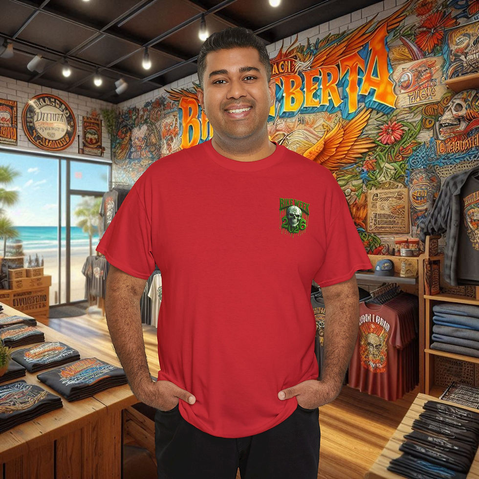 Thumbnail: Man in red graphic biker t-shirt in store