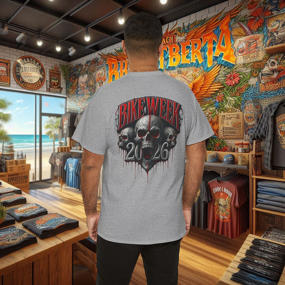 Thumbnail: Man wearing Men's Bike Week 2026 skull t-shirt with outlaw graphics