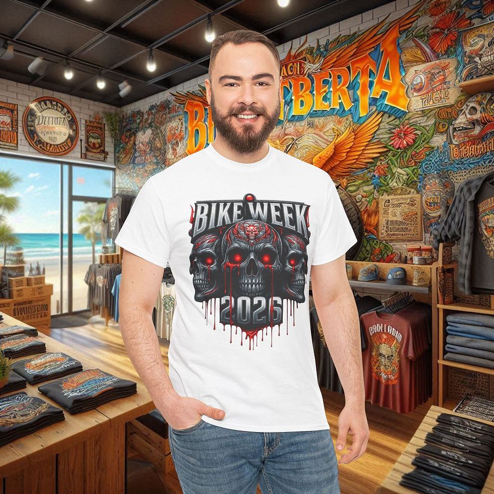 Thumbnail: Man in premium biker t-shirt with Bike Week 2026 skull graphics
