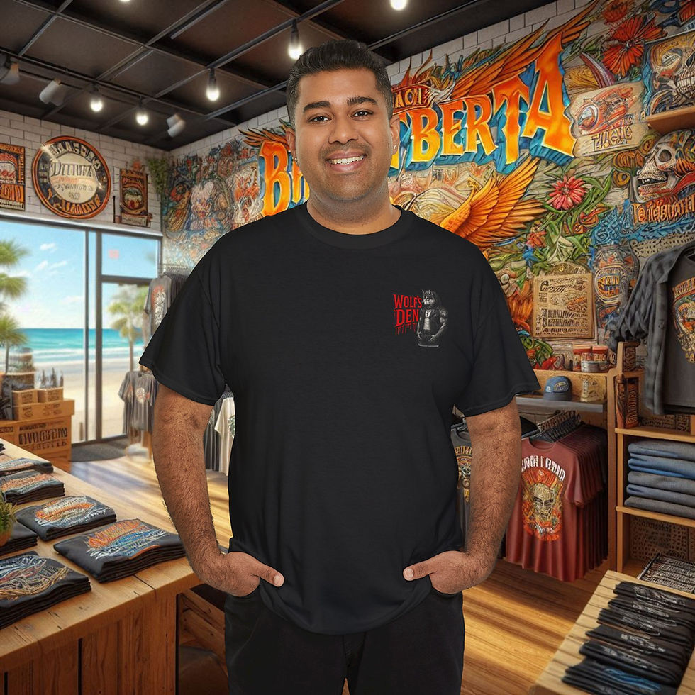 Smiling man wearing a black premium biker t-shirt with outlaw skull graphic