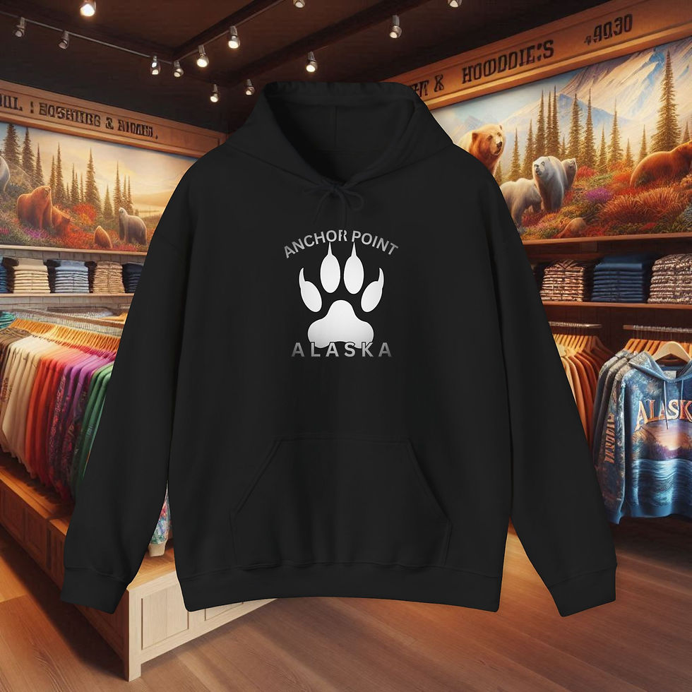 Thumbnail: Black hoodie with "ANCHOR POINT ALASKA" paw print logo. Anchor Point, Alaska Apparel Coastal-Inspired Hoodies